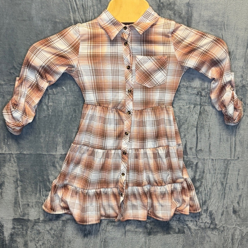 1948 | Boho Plaid Tiered Button Down Roll Tab Sleeve Shirt Dress Brown Kids 7/8